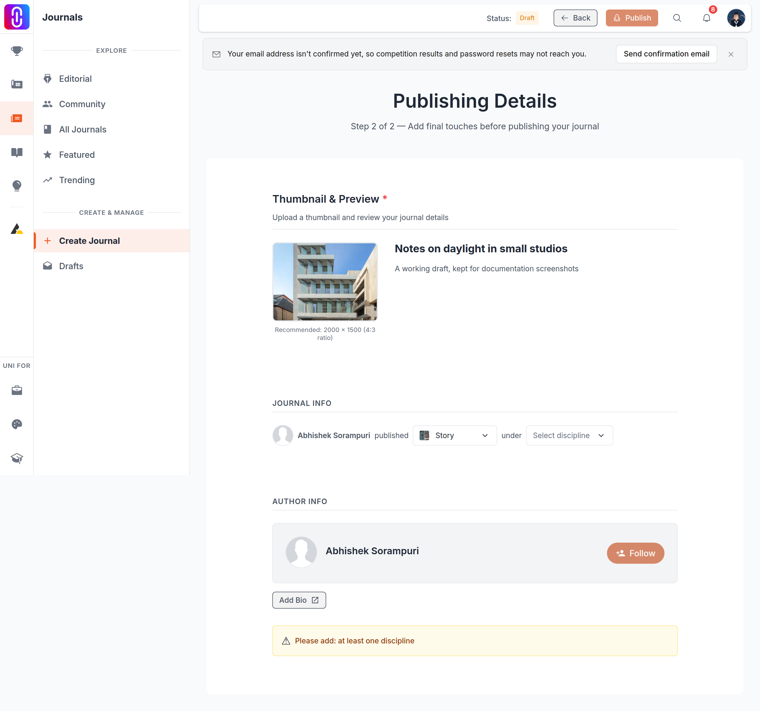 The Add Bio / Update Bio button in the journal or publication editor meta page.