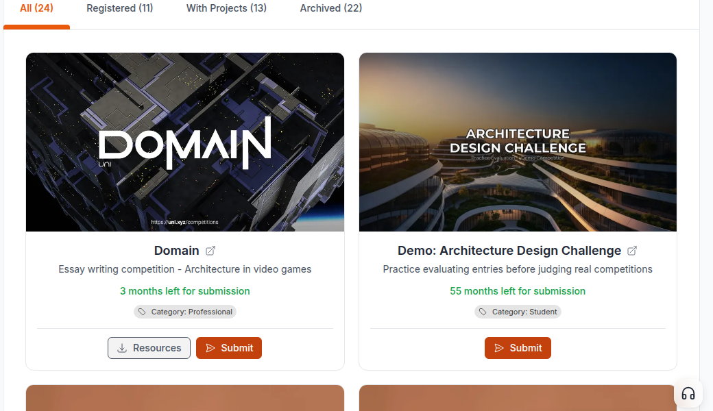 An entry card for a competition still open, showing the time left to submit and the Submit button