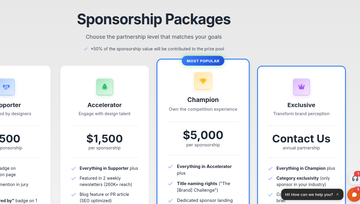 The sponsorship pricing grid showing the four tiers Supporter, Accelerator, Champion and Exclusive with their prices. Scroll to the "partnership-progr