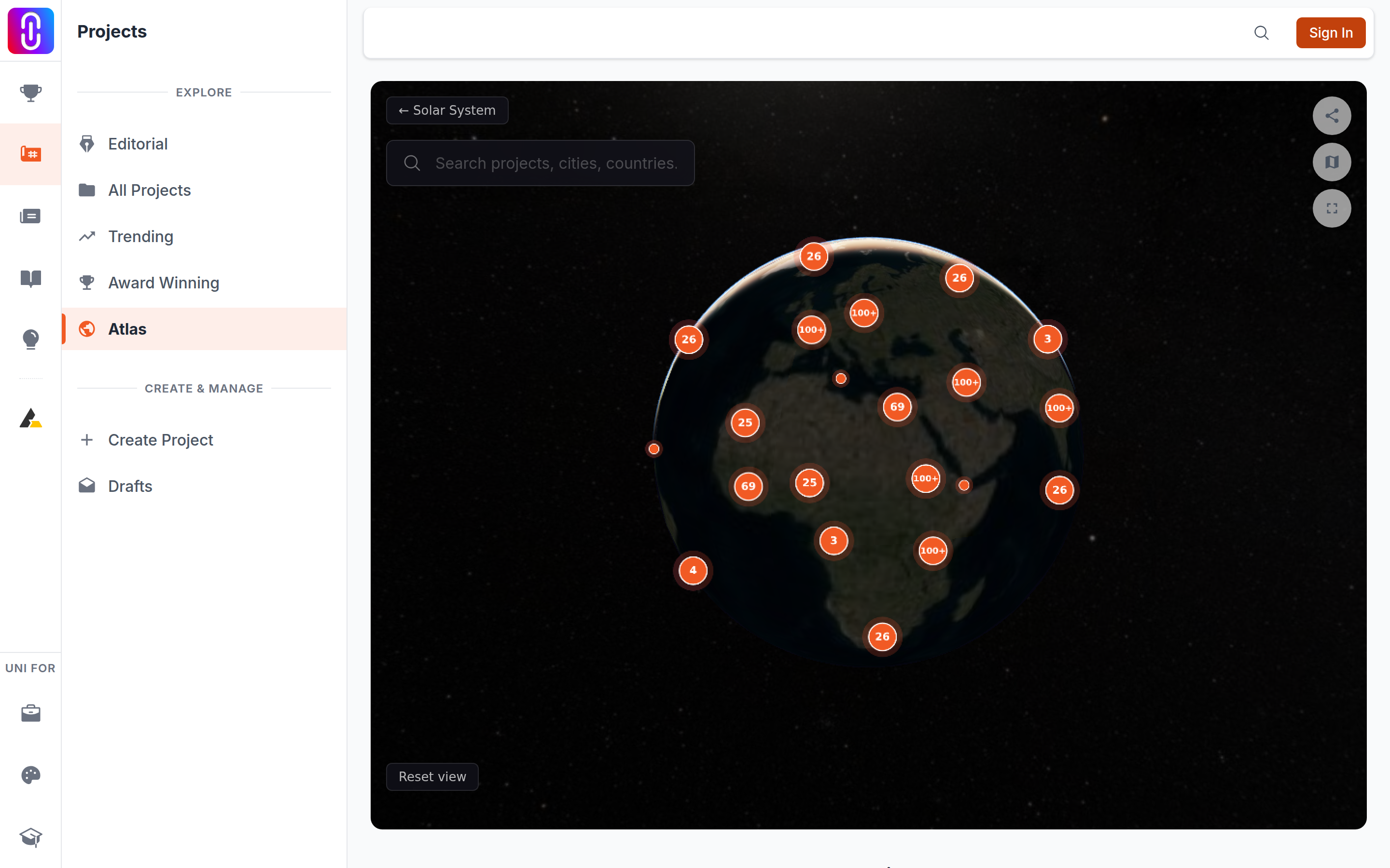The three round buttons (Share, map toggle, full screen) in the top right of an open globe view.