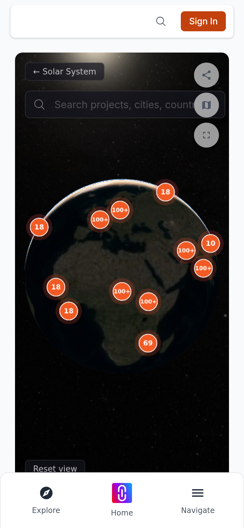 The three round buttons (Share, map toggle, full screen) in the top right of an open globe view (phone layout)