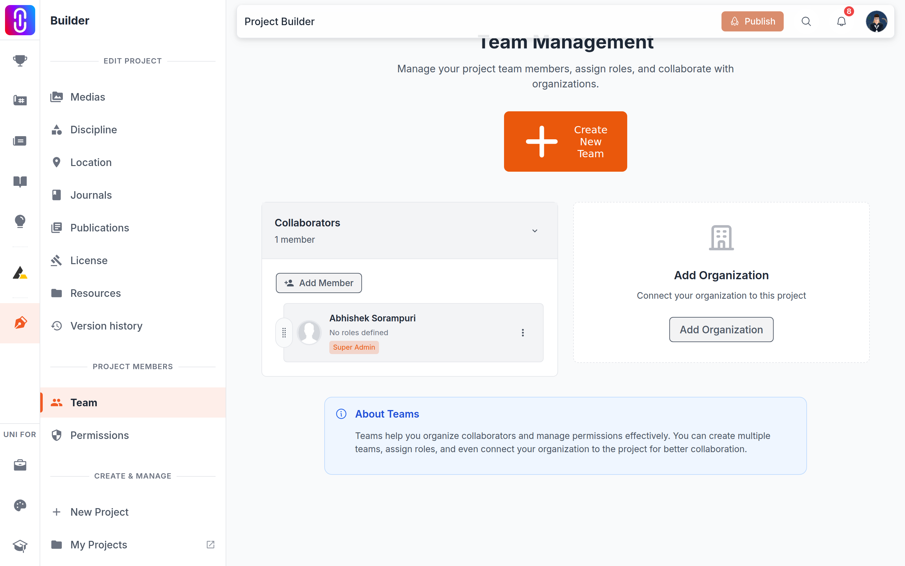 The Add Organization card and search dropdown on the Team page.