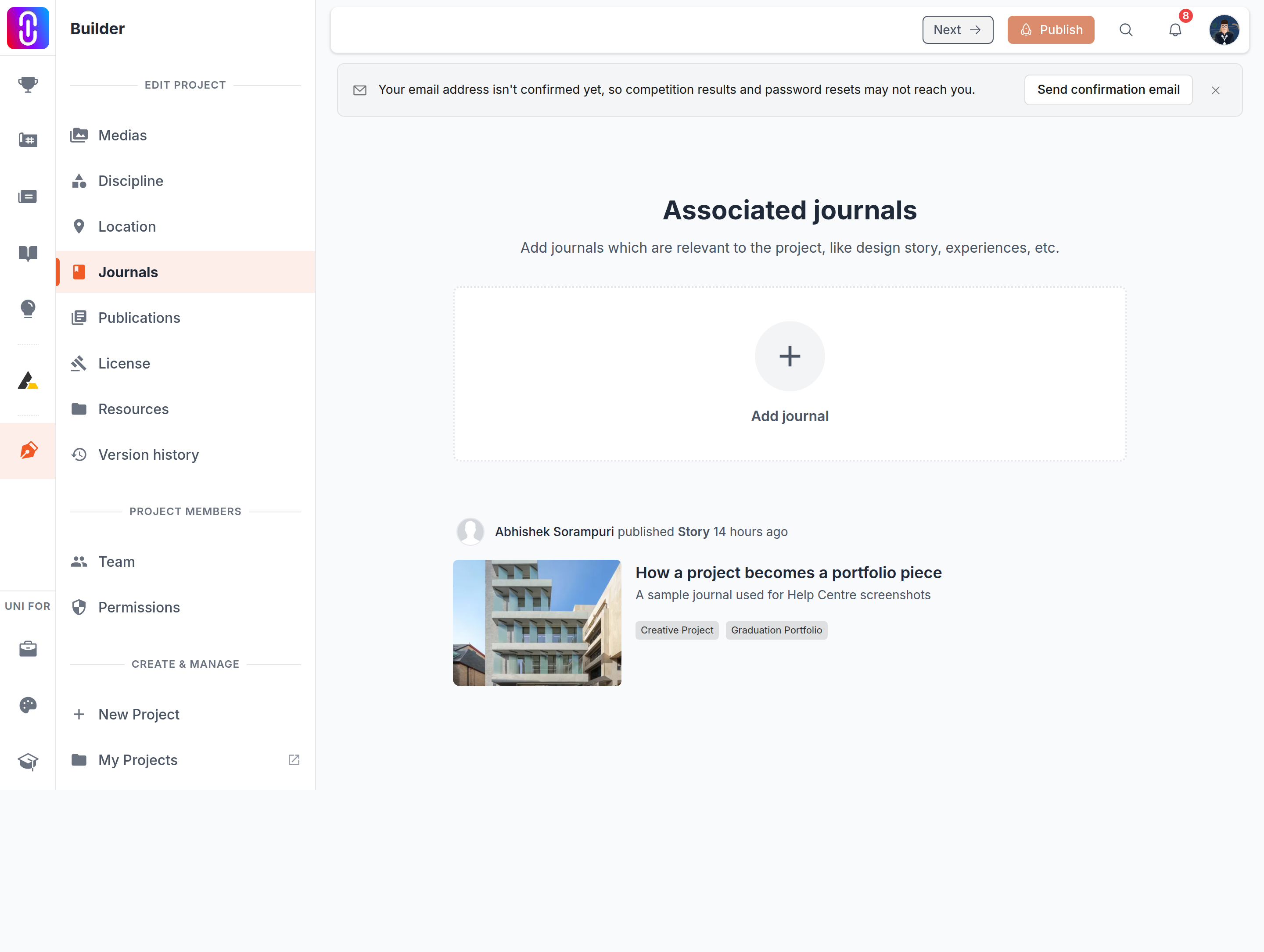 Side-by-side of the confirmed red X on the journal card and the small unconfirmed x inside the Select Journals dialog.