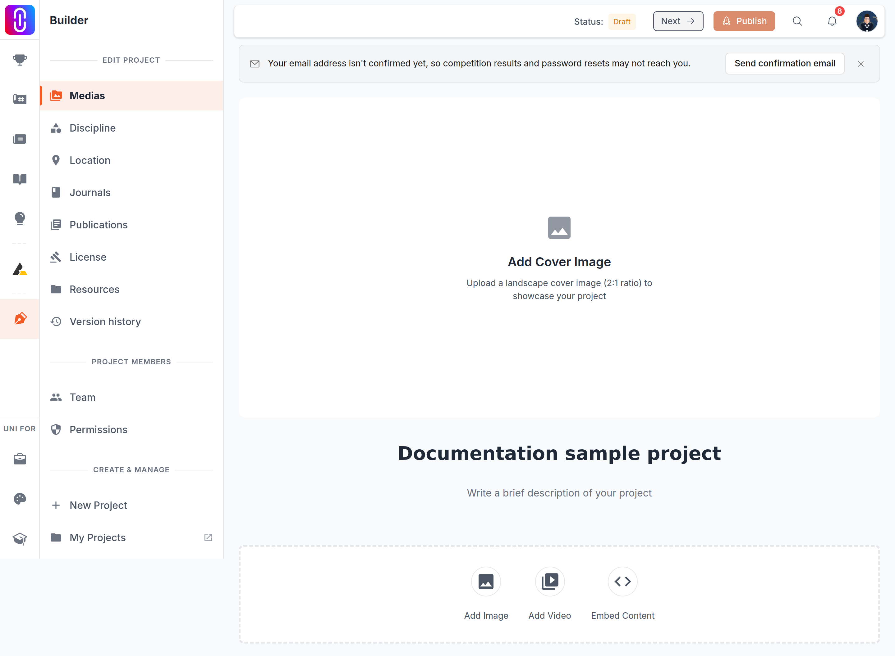 The builder sidebar's My Projects/Drafts entries next to the profile page's Published/Drafts tabs they both open.