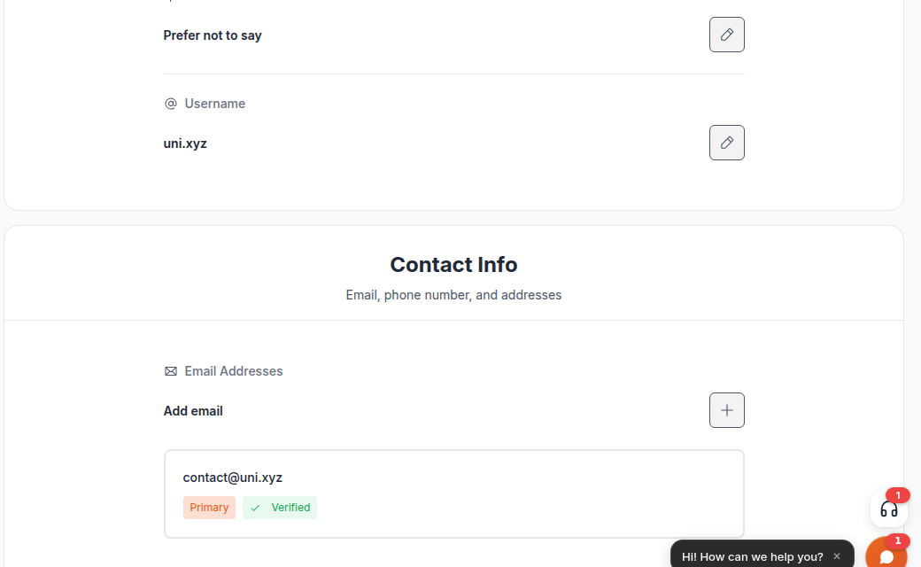 The contact section of the Personal Info settings page, showing the Add email control and the existing address rows with their Primary and Verified ch