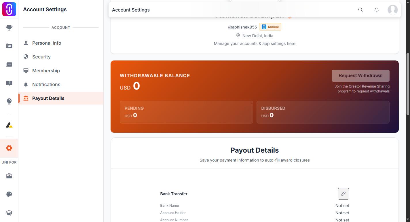 Saving a payout method end to end: opening Bank Transfer/PayPal/UPI, entering details, receiving the emailed OTP, and confirming — a genuine multi-step, multi-screen sequence currently covered only by one static balance-