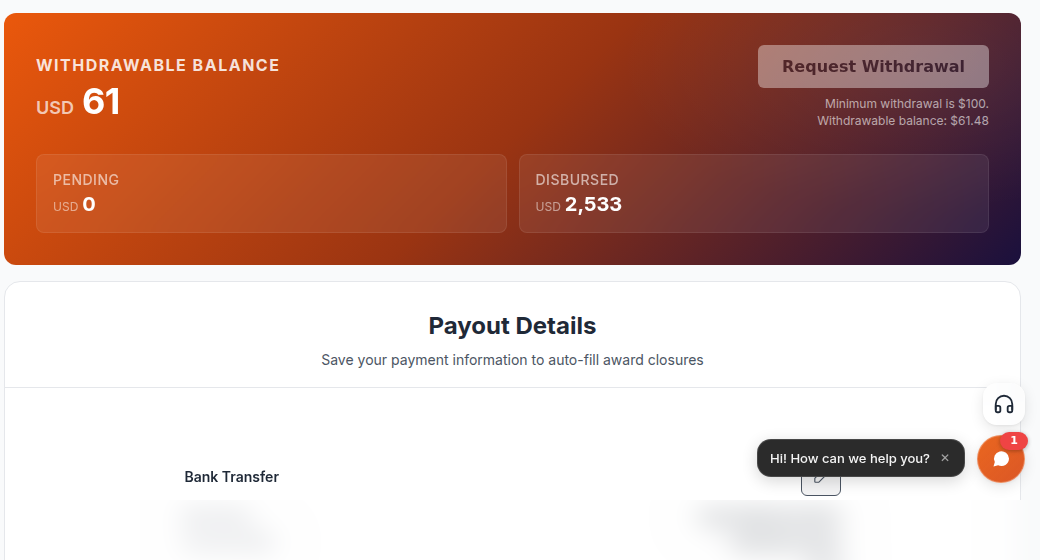The balance card at the top of the payout page: the Withdrawable Balance figure on the left and the disabled Request Withdrawal button on the right WITH the hin