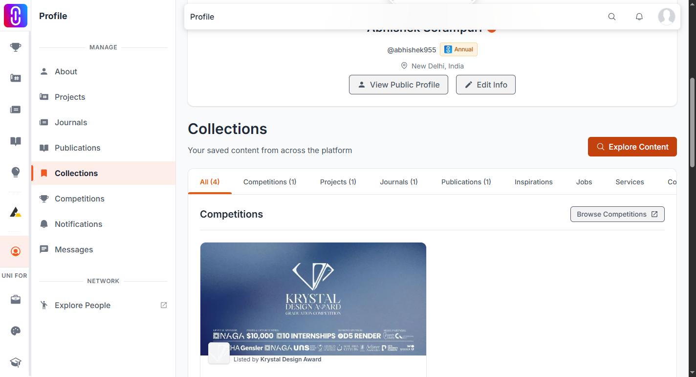 Screenshot of the Collections sidebar entry and its five tabs (Competitions, Projects, Journals, Publications, Inspirations).