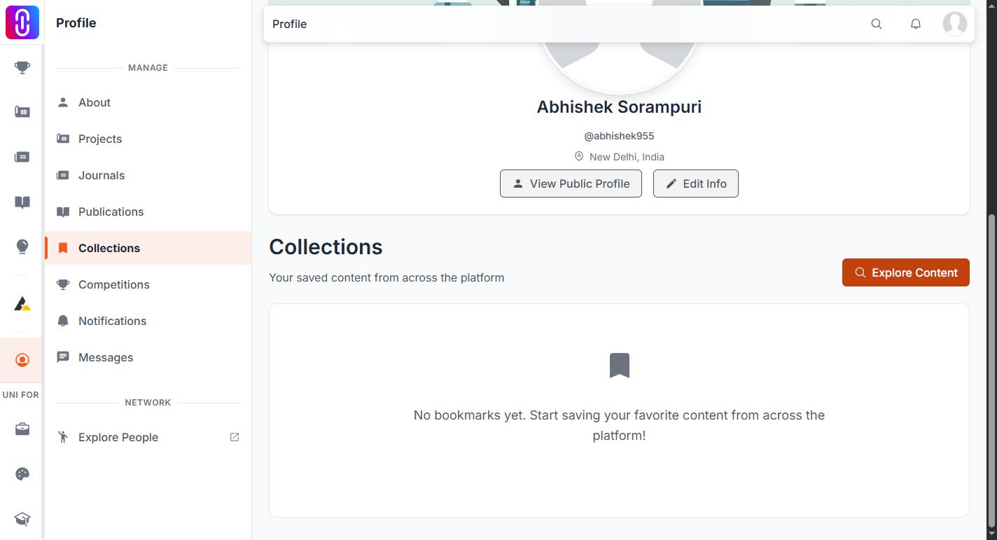 Screenshot of the Collections sidebar entry and its five tabs (Competitions, Projects, Journals, Publications, Inspirations).