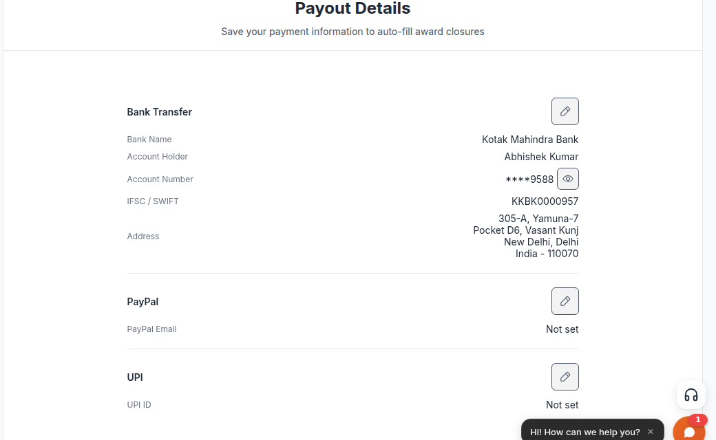 The Payout Details page in account settings, where award closures are tracked