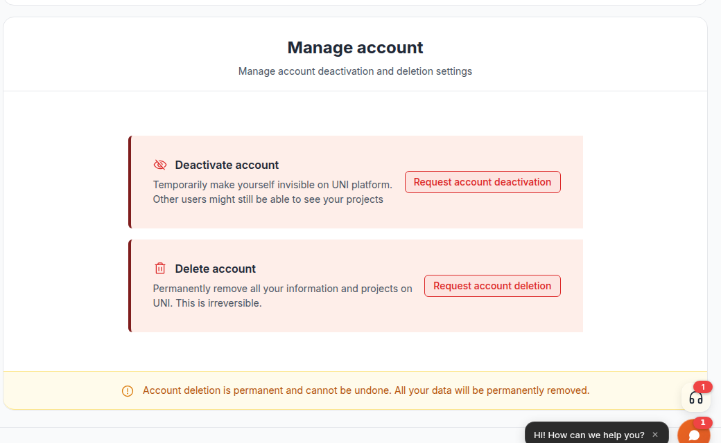 The Manage account section of the Security settings page, showing both rows and their buttons: Deactivate account with Request account deactivation, a