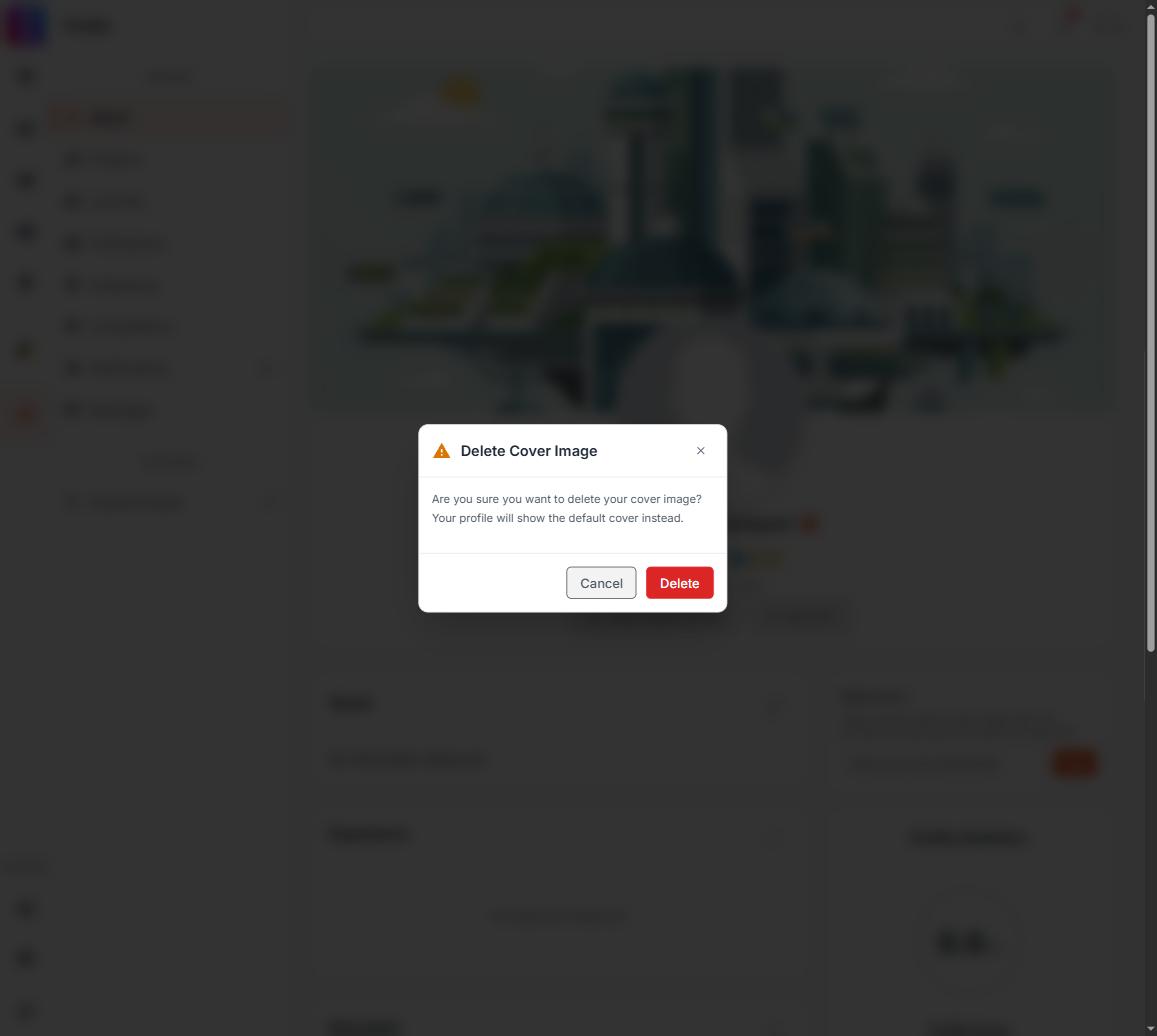 Two screenshots: the styled 'Delete Cover Image' dialog and the plain unstyled browser confirm box for the avatar — the whole point of the article is that the second one is easy to miss, so showing both side by side is h