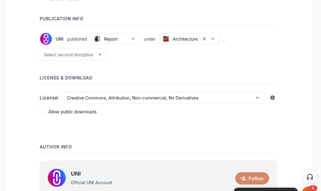 The Publishing Details form card around the Allow public downloads checkbox, showing it unticked and where it sits relative to the licence dropdown above it. Au