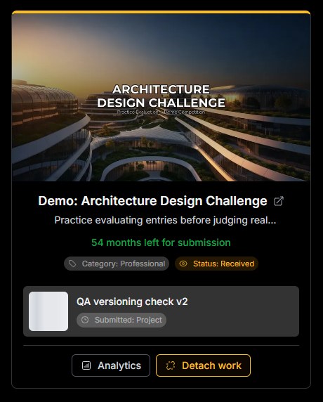 An entry card during an open submission window, with the attached project and the Detach work button next to Analytics