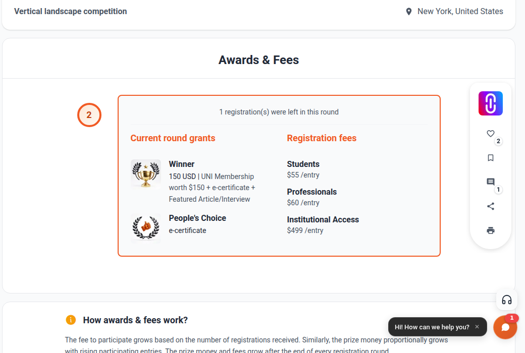 The Awards and Fees section of a competition, showing the current registration round and what it grants
