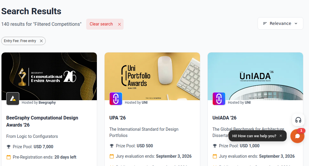 The competitions search results with an Entry Fee: Free entry chip applied, listing free competitions