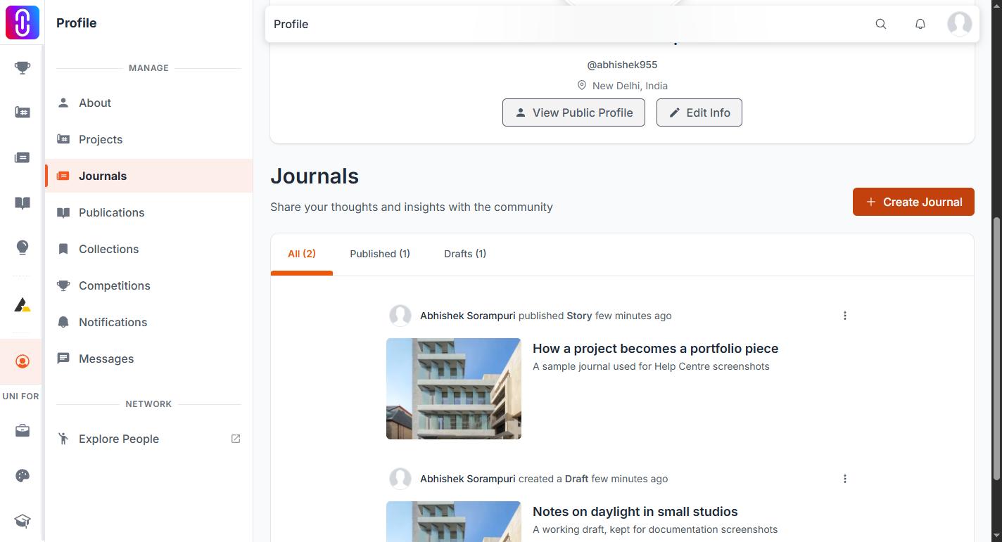 Profile Journals page with the Drafts filter selected and the reliable count badge, to anchor the navigation path readers are told to follow.