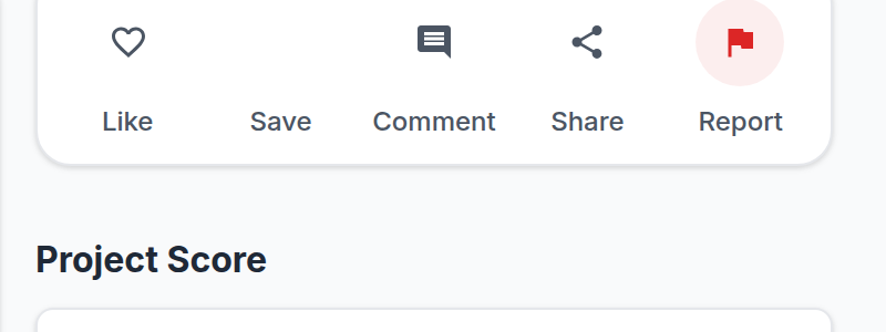 The project page's Report button location -- in the actions column beside Like/Save/Comment/Share, and in the three-dot menu on project media -- plus the first wizard step showing the category list including 'Infringes m