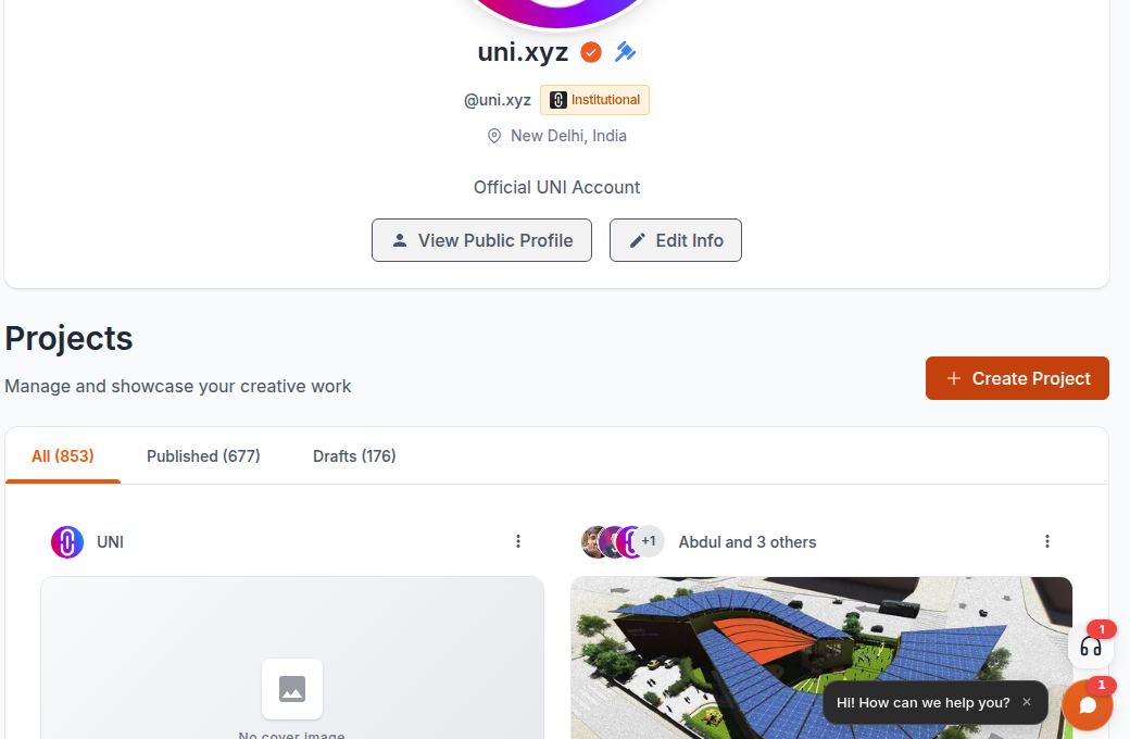 The profile Projects page showing the Create Project button and the All / Published / Drafts tabs