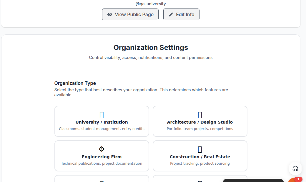 The Settings page with the left management sidebar in frame alongside the Organization Type selector, so the reader can see that the sidebar sections are driven