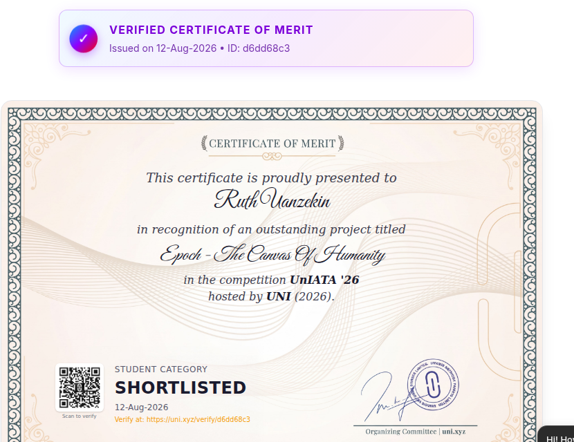 A verified certificate of merit with its issue date, verification ID and a QR code that links to the public verification page