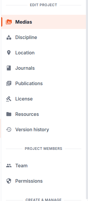 The project editor sidebar, showing Edit Project with Medias, Discipline, Location, Journals, Publications, License, Resources and Version history, then Project Members with Team and Permissions