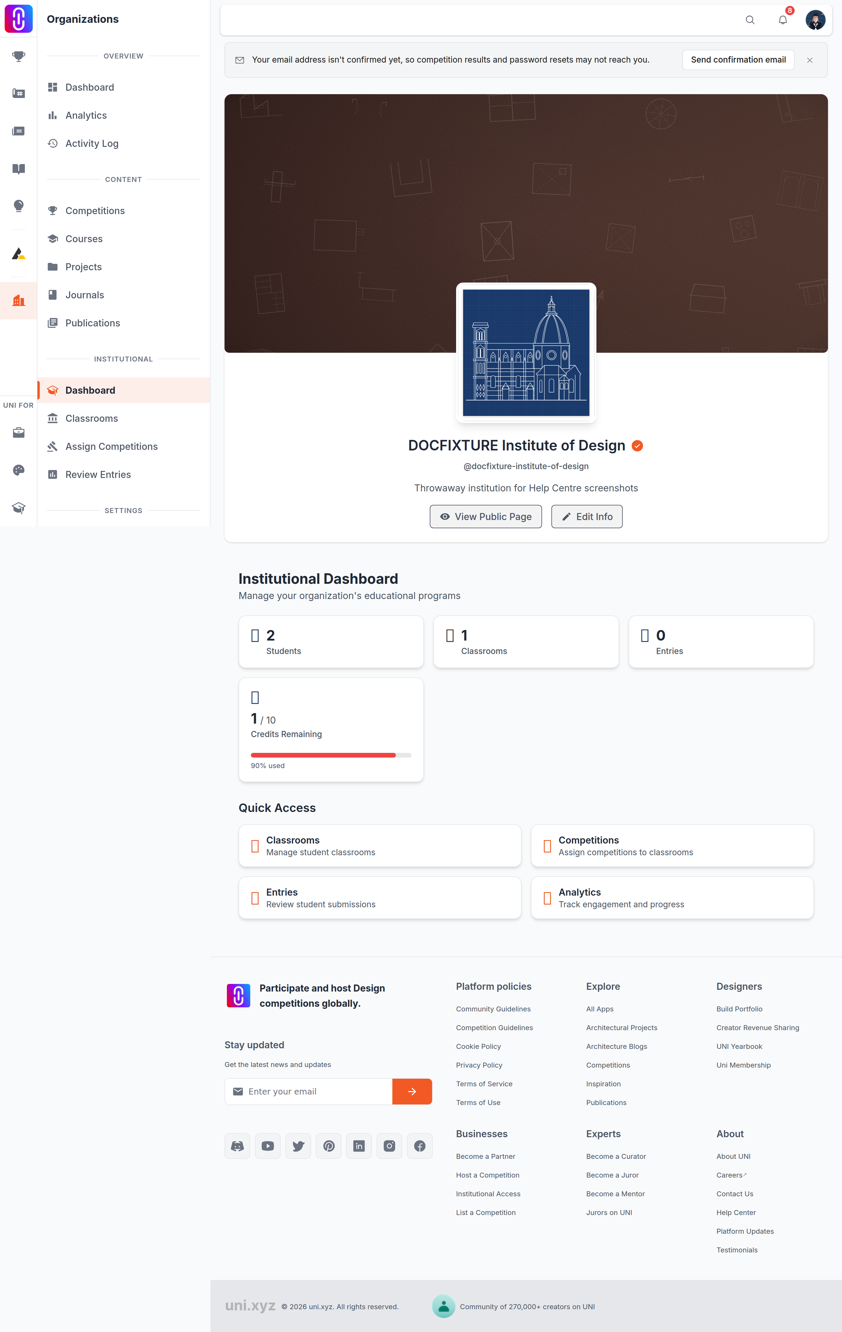The organization's Institutional dashboard 'Credits Remaining' gauge and the remaining/total figures, since the whole article is about reading that one screen and it has no image.