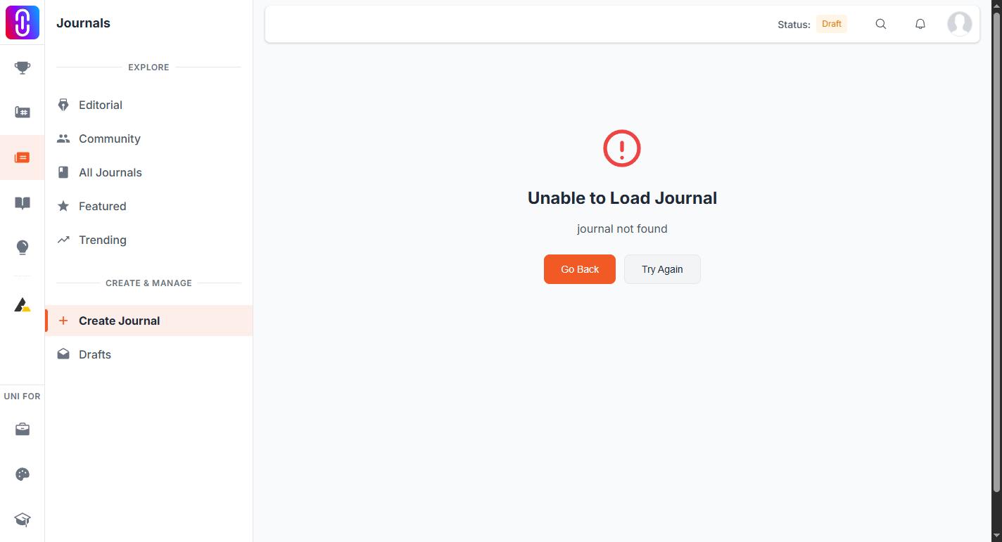 The 'Unable to Load Journal' error panel with its Go Back / Try Again buttons, so readers hitting this screen can confirm they're in the case this article covers.