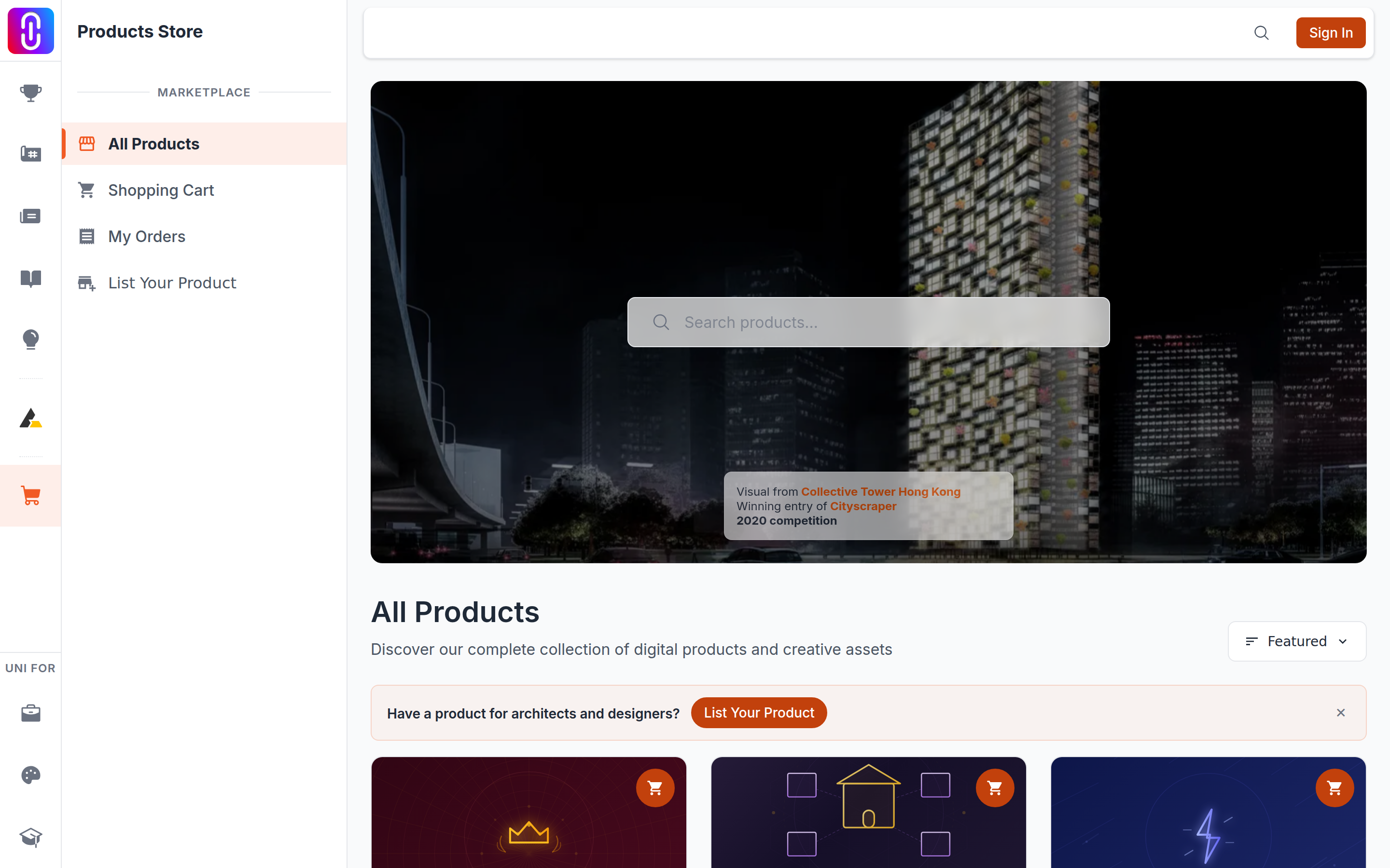 Screenshot of the 'List Your Product' entry point (left sidebar link and/or top banner) on uni.xyz/market, so a prospective seller can find the form without hunting through the marketplace UI.