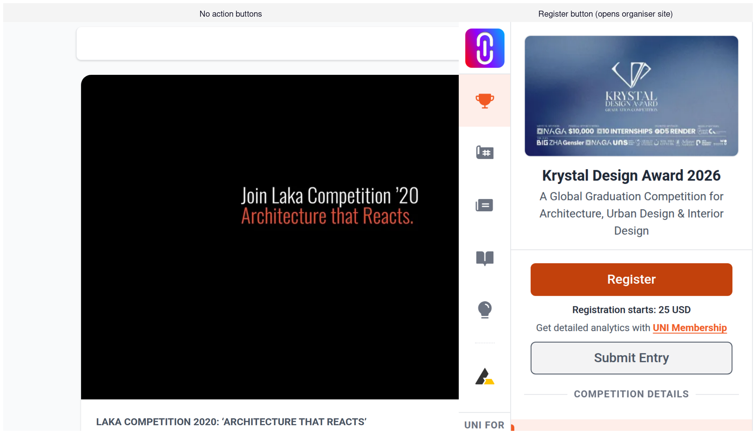A listed competition page with no action buttons, next to one with an outbound 'organiser site' button, to show the two variants side by side.