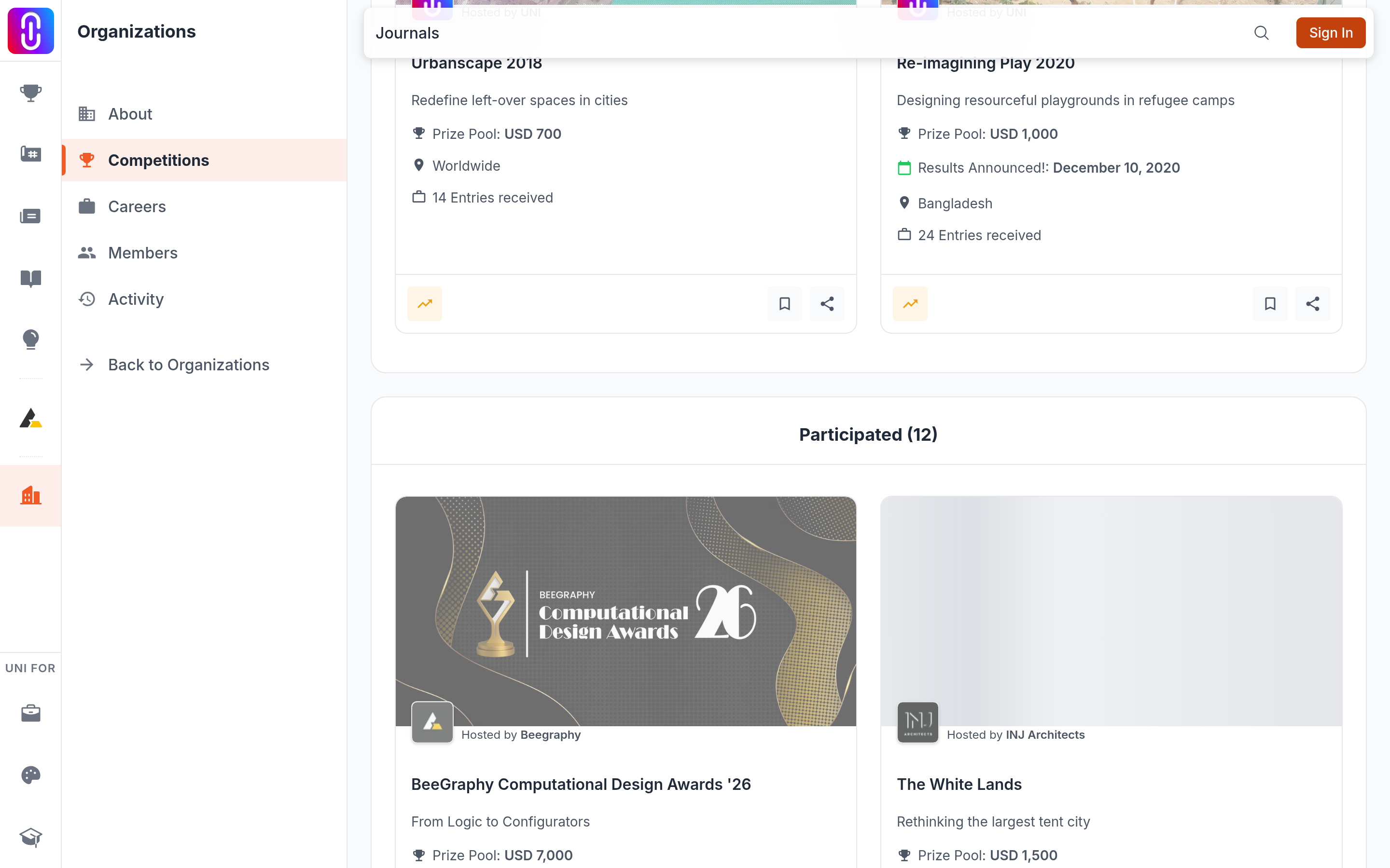 Screenshot of an organization's Competitions page showing the Hosted and Participated sections side by side, since the whole article is about a reader misreading one section for the other.