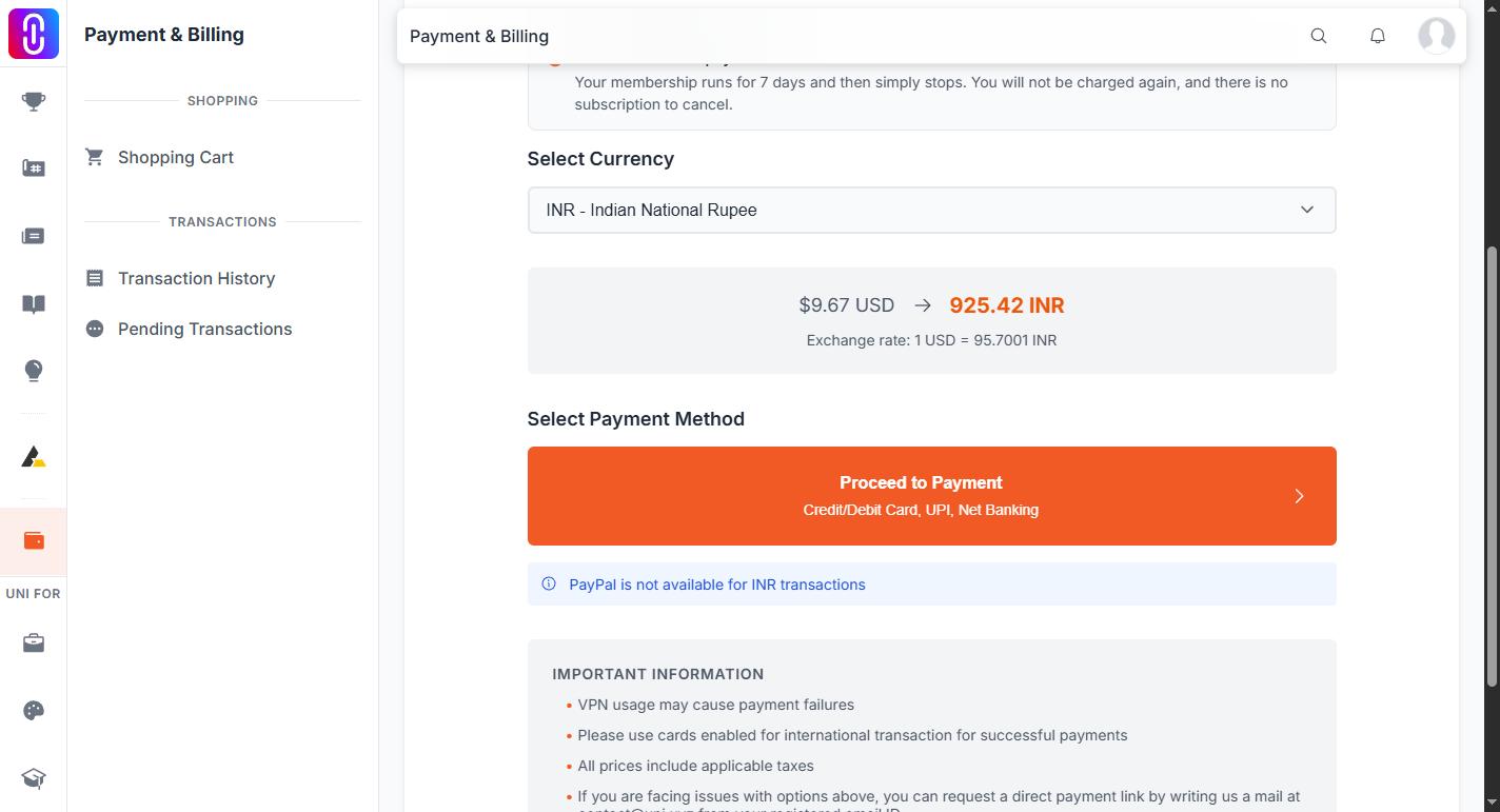 The checkout page's Select Currency and Select Payment Method steps with the Order Summary's 'Gateway charges (7.5%)' line — the single most-needed screenshot in this whole batch: a core, universal flow with has_image=fa