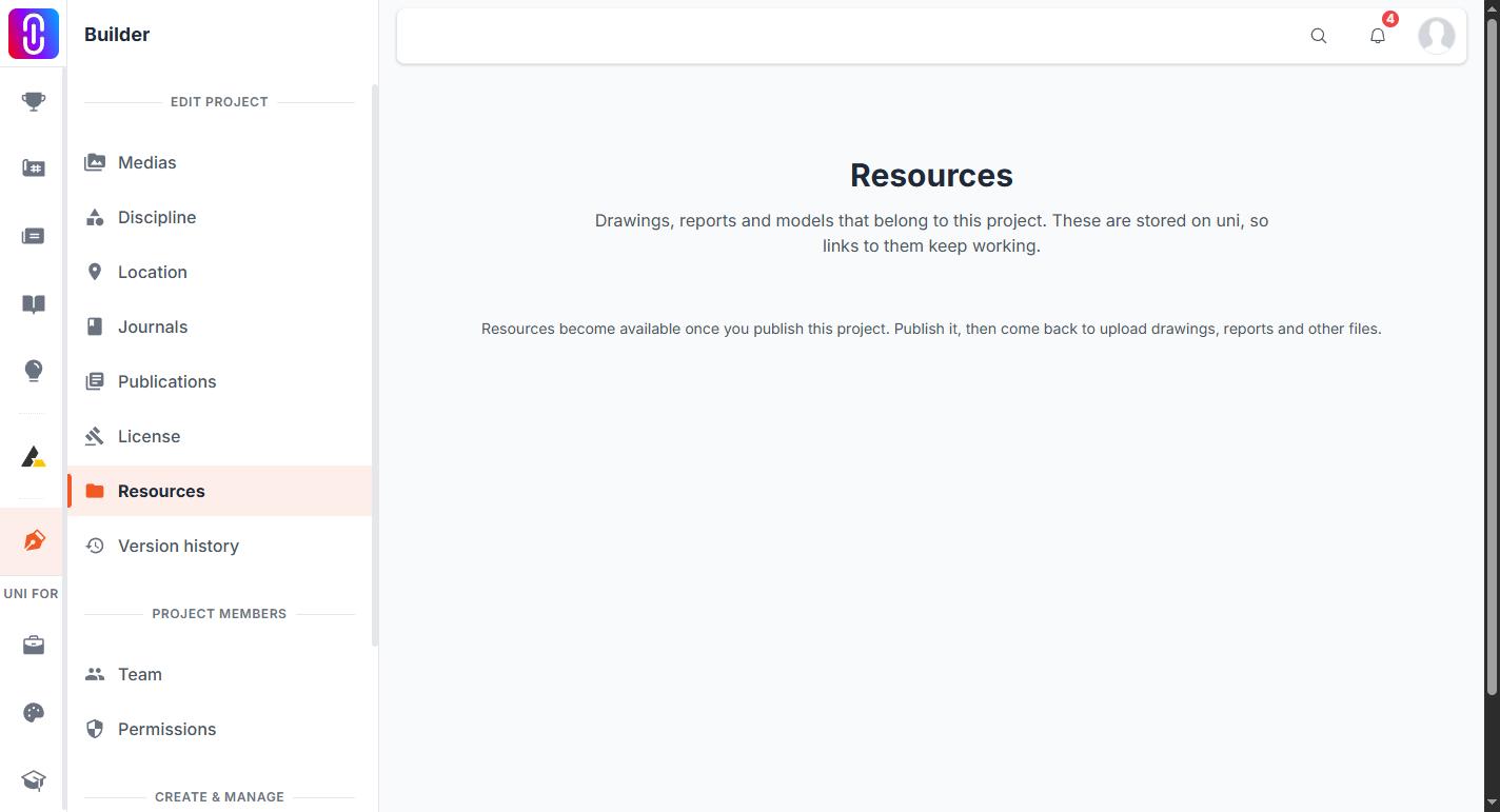 The project editor sidebar showing where 'Resources' sits next to Team and Version history, so readers can locate the panel.