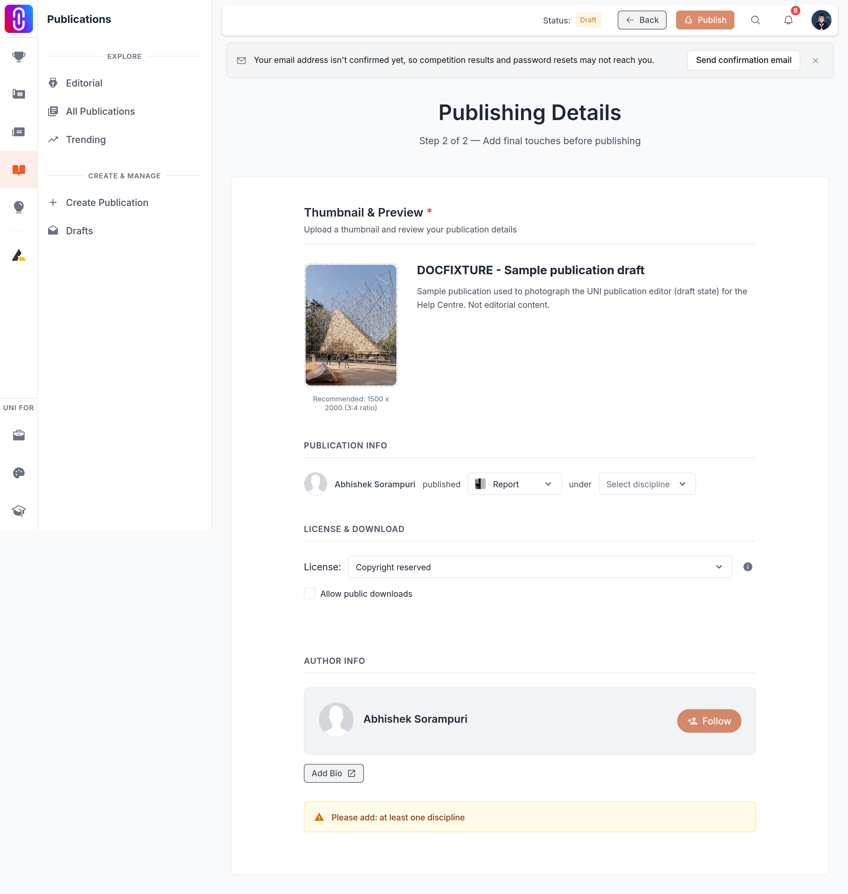 The licence dropdown on Publishing Details and the info popover that appears once a licence is selected, both concrete, findable elements the article walks through.