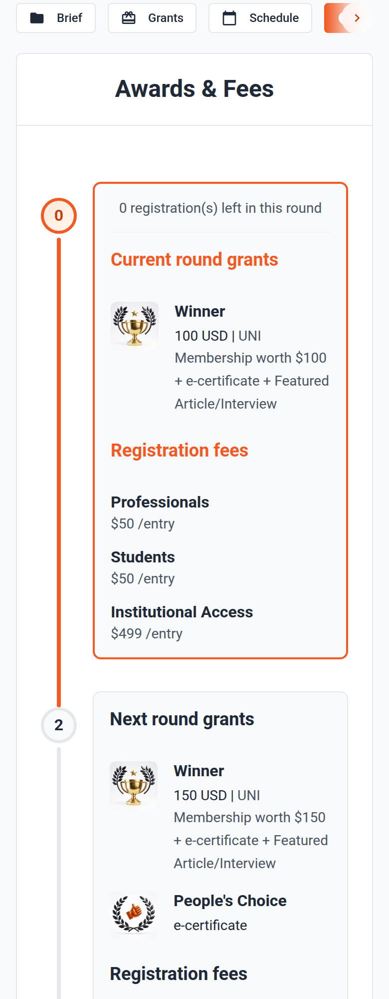 Annotated Awards & Fees timeline showing a circle (entry count), the fill bar, the 'registrations left' line, and the Load More control, since the numbering scheme is easy to misread from text alone (phone layout)