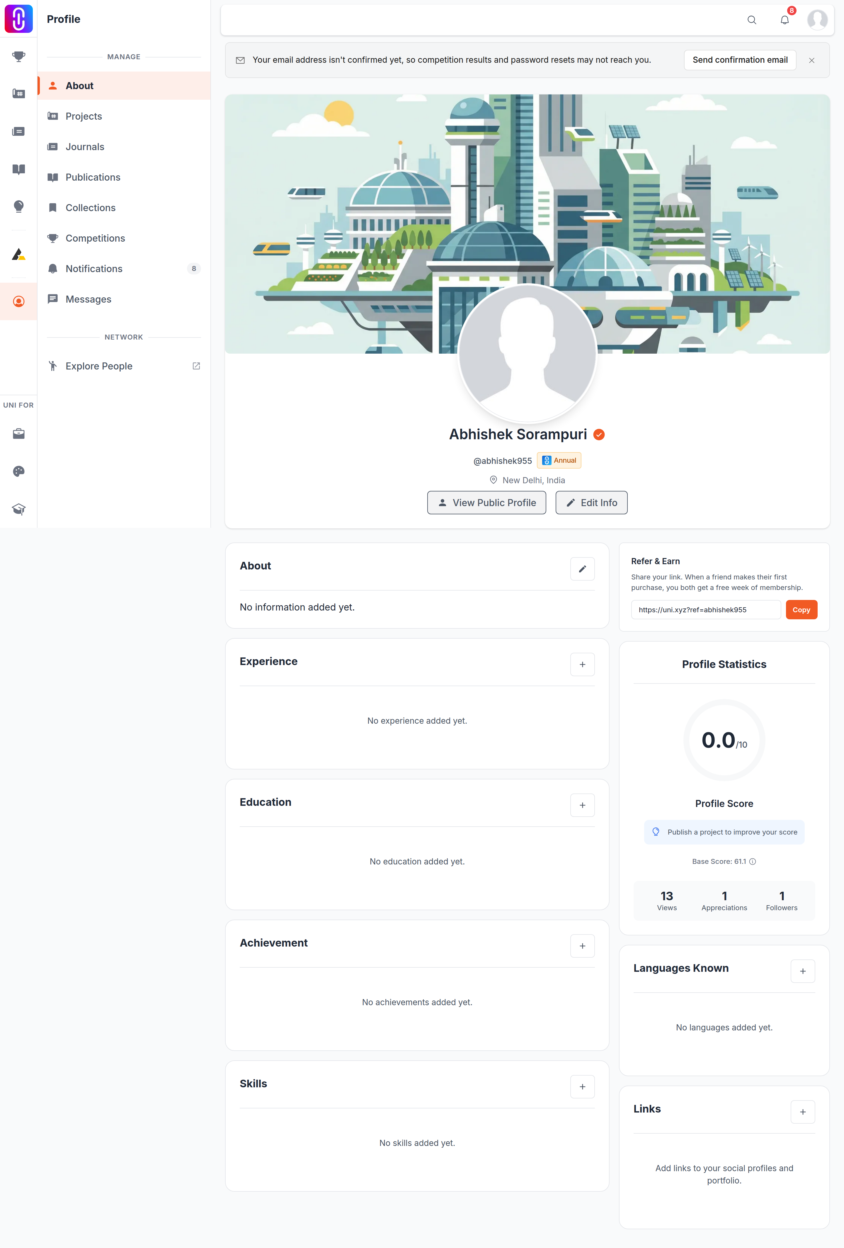 The Refer & Earn card in profile Edit > About, since the article gives a precise navigation path to a control it never shows.