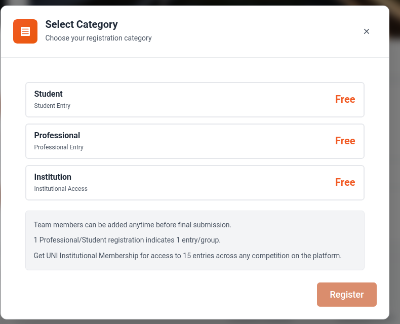 The Select Category dialog, where you choose your registration category before registering, with the Institution option for Institutional Access
