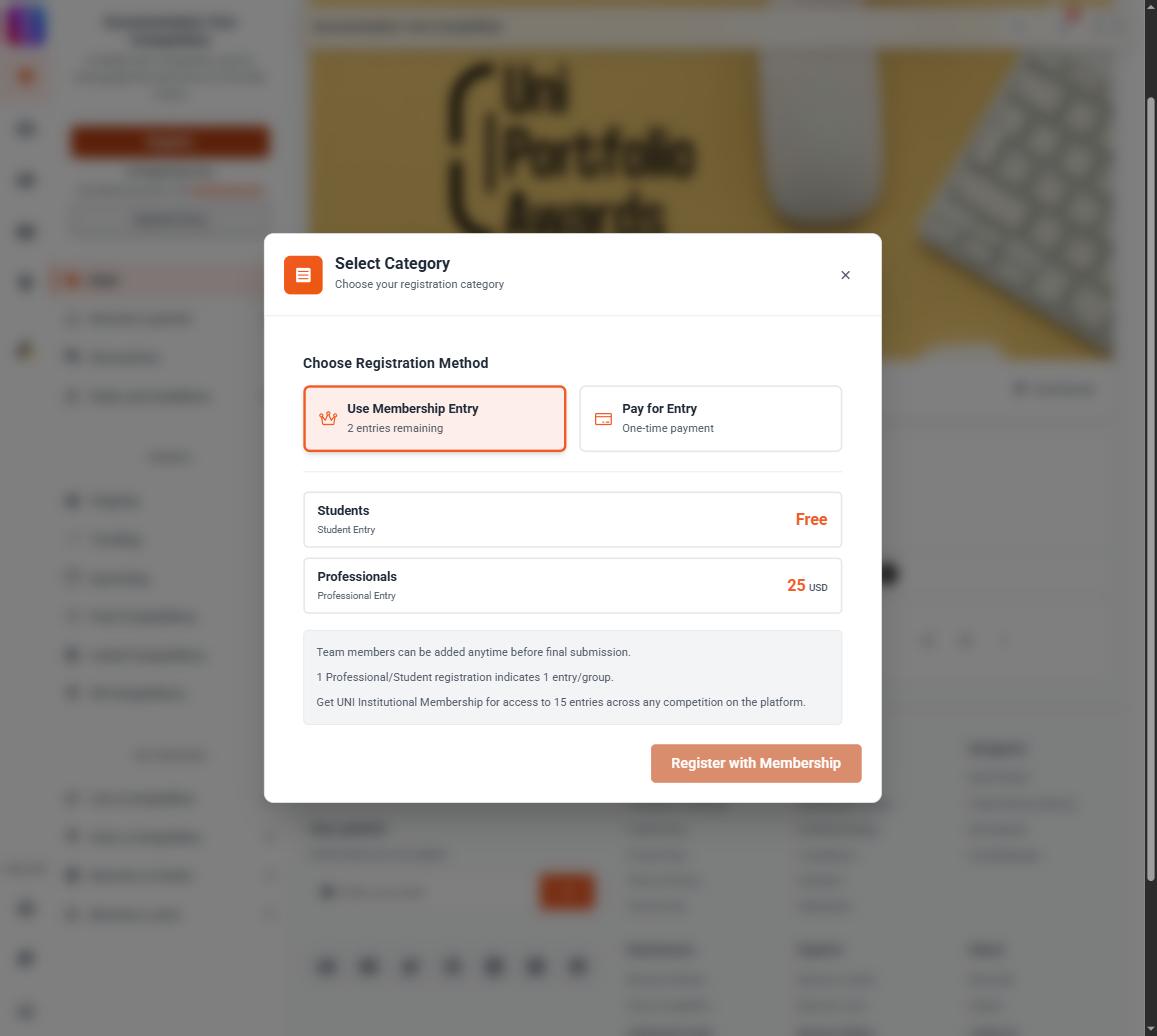 The registration modal walkthrough end to end — Select Category, Choose Registration Method, confirming, and the You're Registered! state — a genuine multi-step, multi-screen sequence currently shown as one static screen