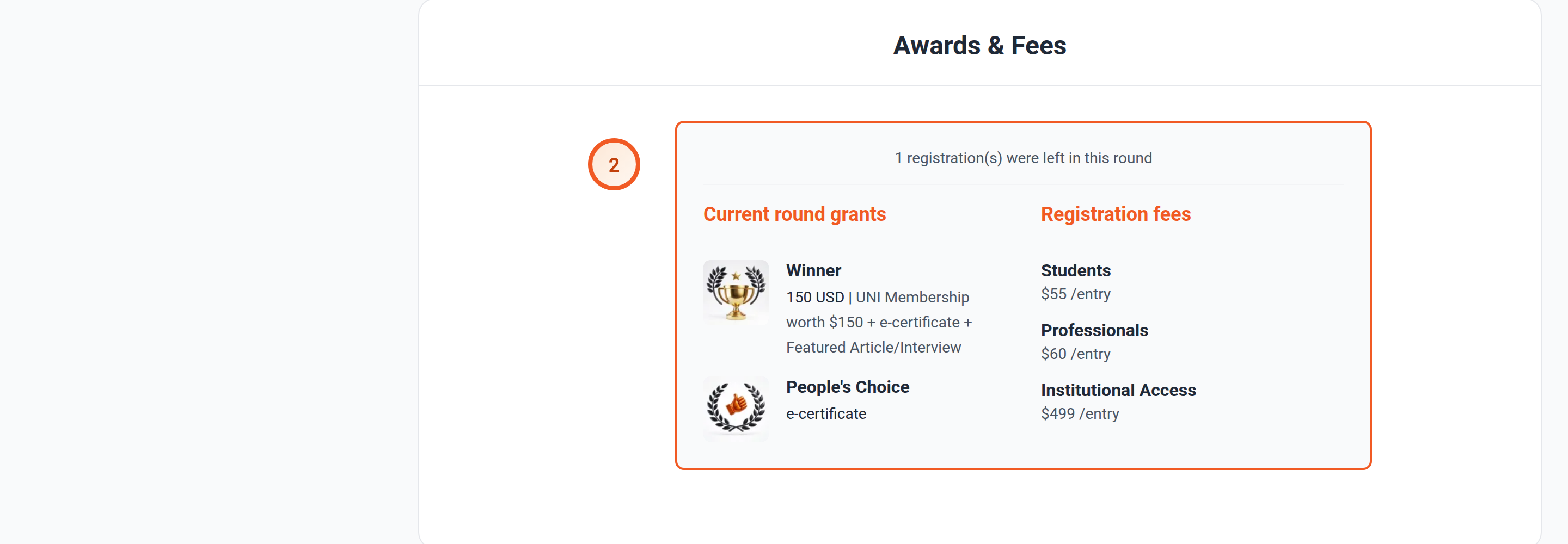 A competition's Awards & Fees table showing separate Student/Professional/Institutional Access registration fees, which the article names explicitly but never shows.