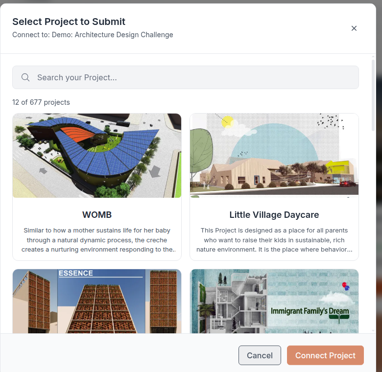 The Select Project to Submit dialog listing your published projects, with Cancel and Connect Project