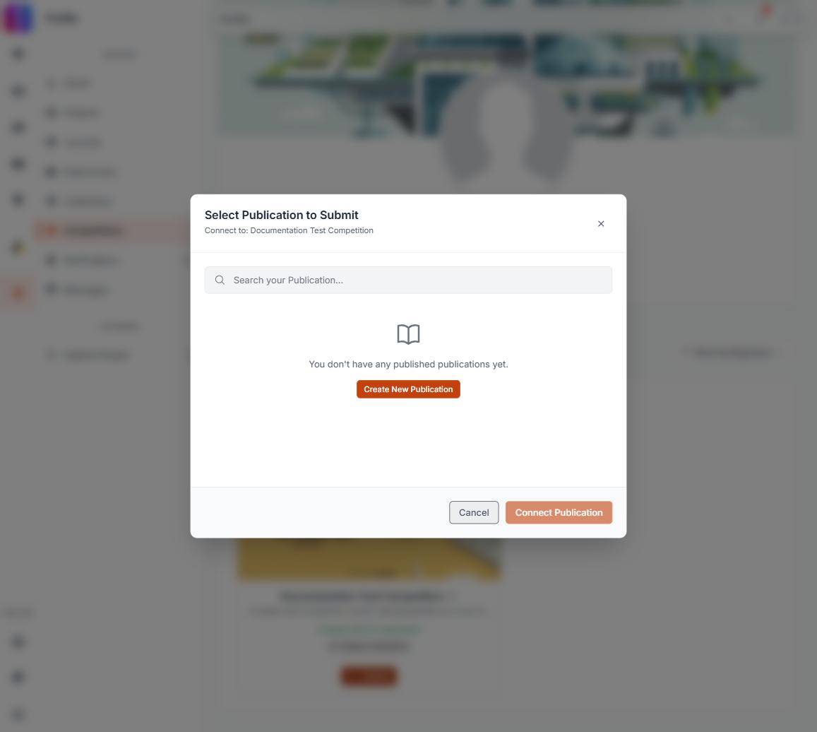 Short GIF of publishing a draft project, reopening the competition Submit window, and locating it via search or Load More.