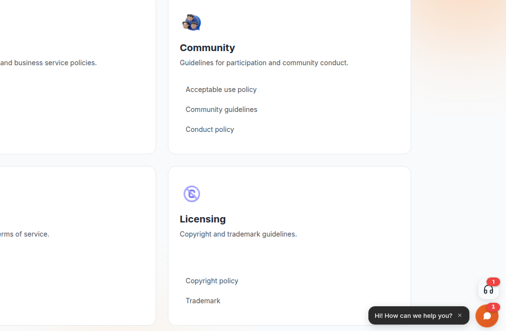 The policy index page showing the four category cards (Business, Community, General Terms, Licensing) with the policy links listed inside each