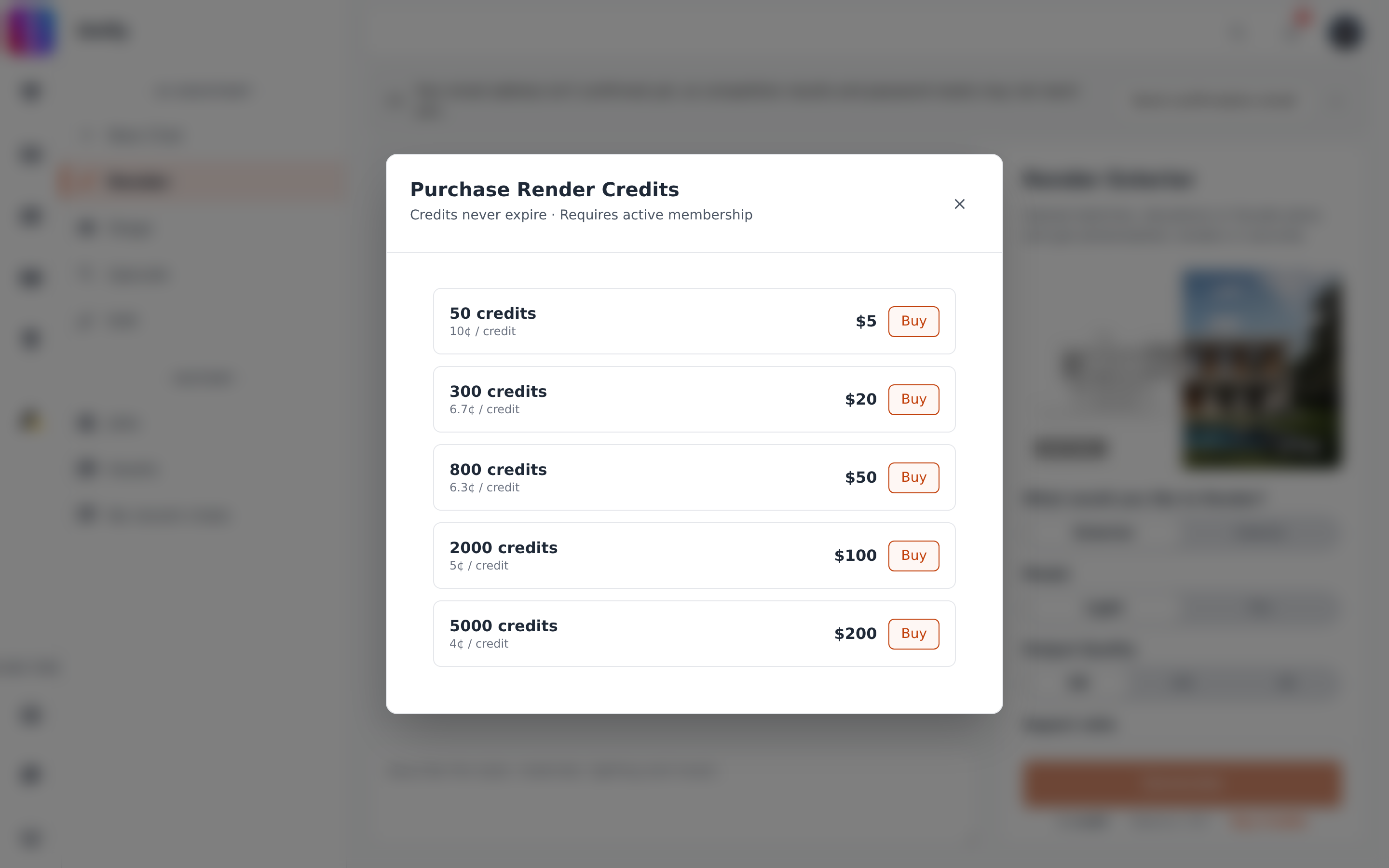 The Buy Credits dialog with the pack list and the 'active membership required' message, since the whole article turns on that one dialog and it has no image.