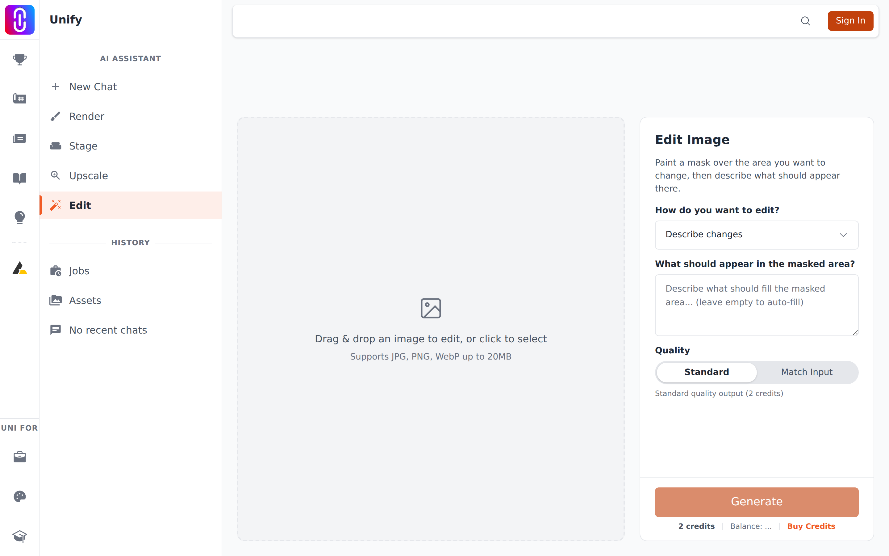 The Quality toggle (Standard / Match Input) with its 'matches input resolution' hint text.
