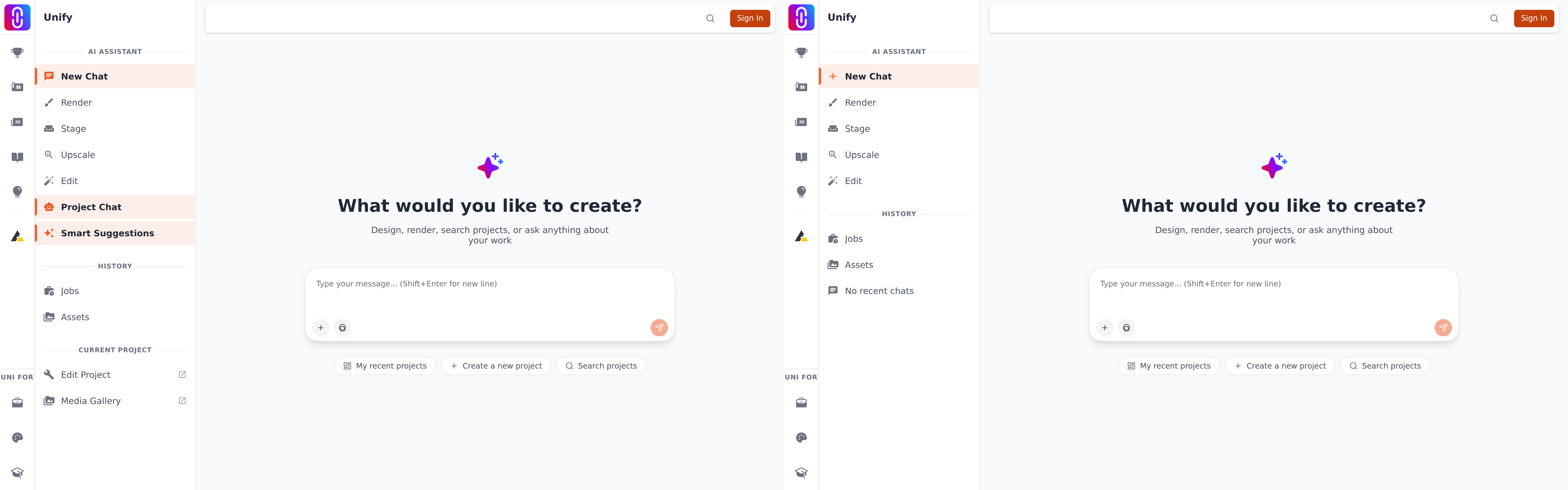 Side-by-side of the project-chat header (project name visible, uni.xyz/unify/project/... address) versus a plain chat with no project selected, so members can tell which mode they're in before dropping an image.