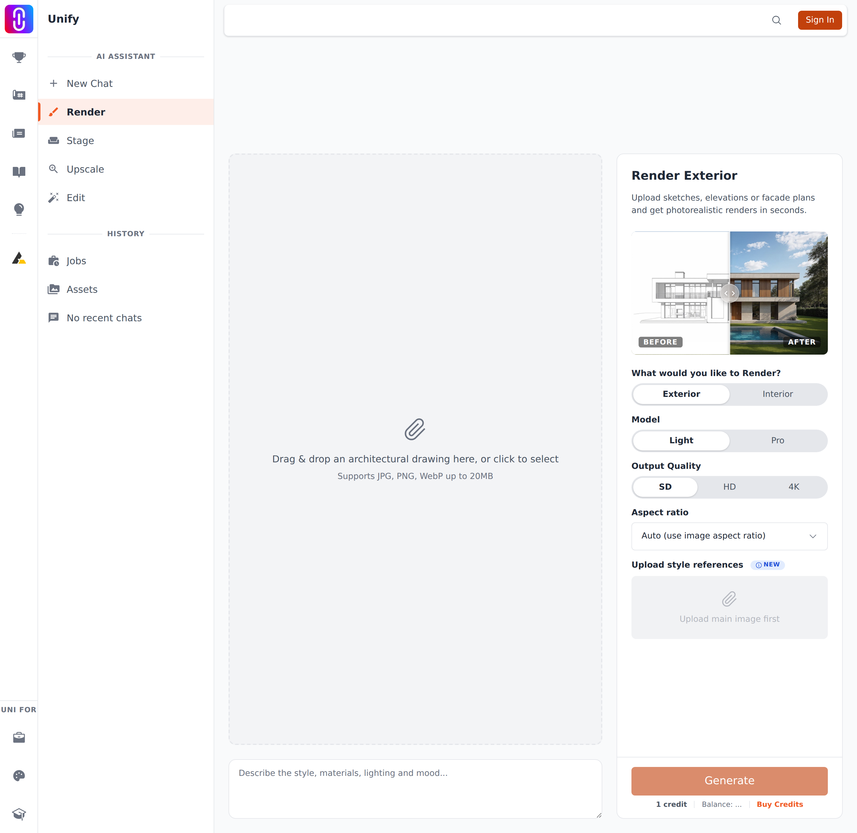 The style-reference upload slot, both in its locked 'Upload main image first' state and with a thumbnail loaded.
