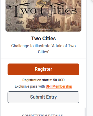 The registration panel on a competition page, showing the Register button, the current entry fee and the Submit Entry button
