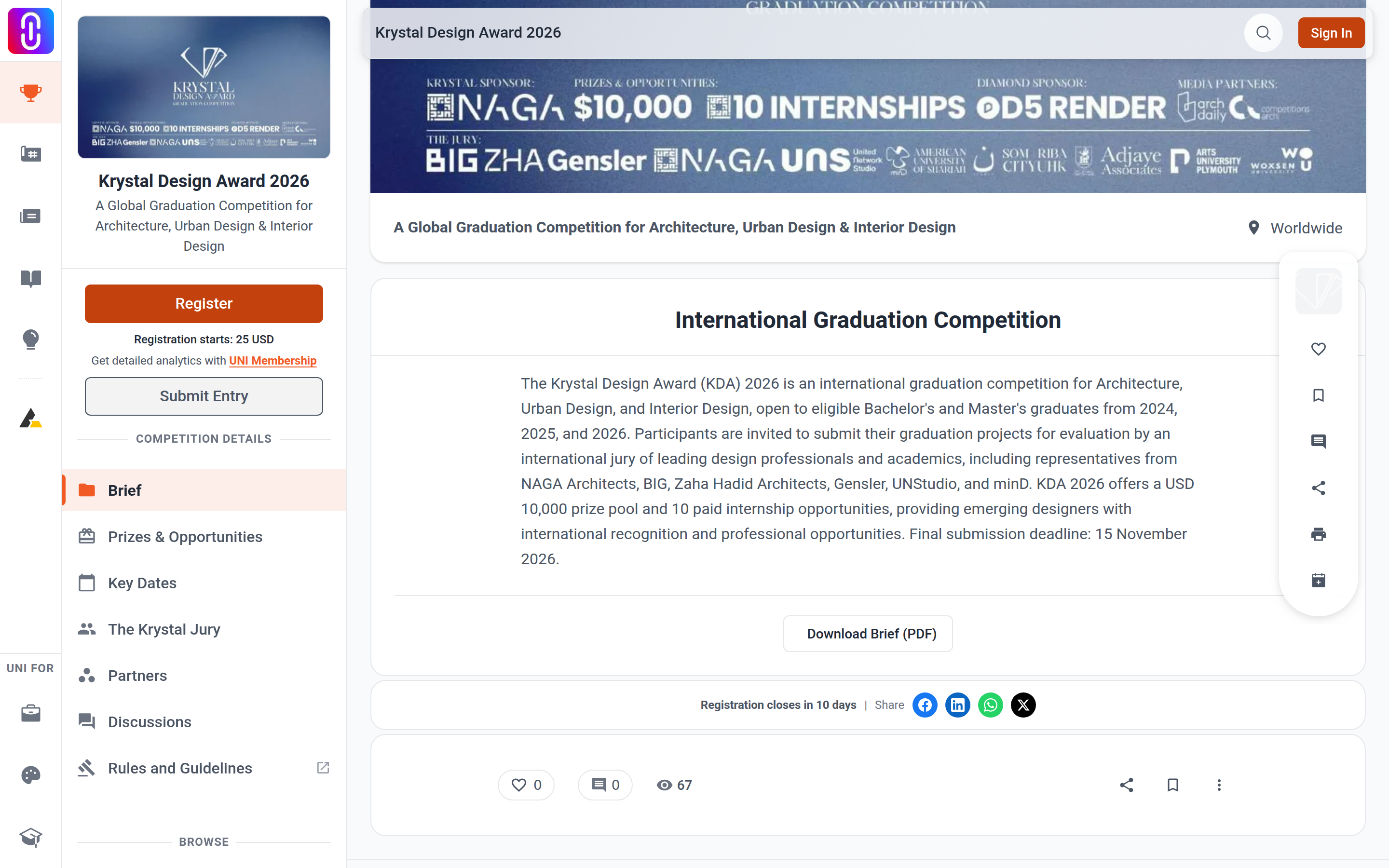 The competition page's Register button and the 'Select Category' window it opens — the one UI moment readers need to recognize before paying an entry fee.