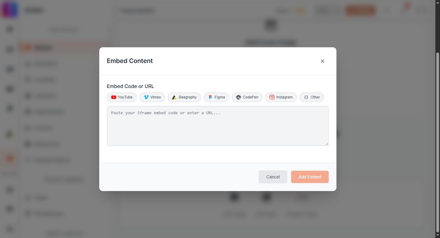 The empty/blank box a broken embed shows on a published project page, so a member can confirm they're looking at a display failure rather than something else.