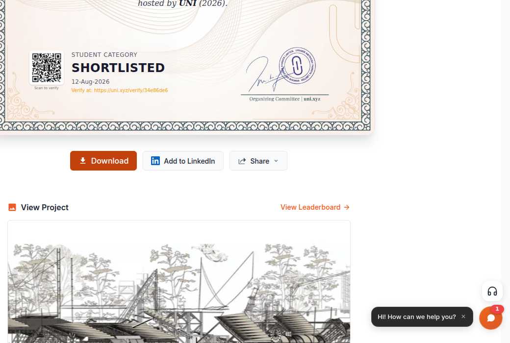 A certificate page with the Download button beside Add to LinkedIn and Share